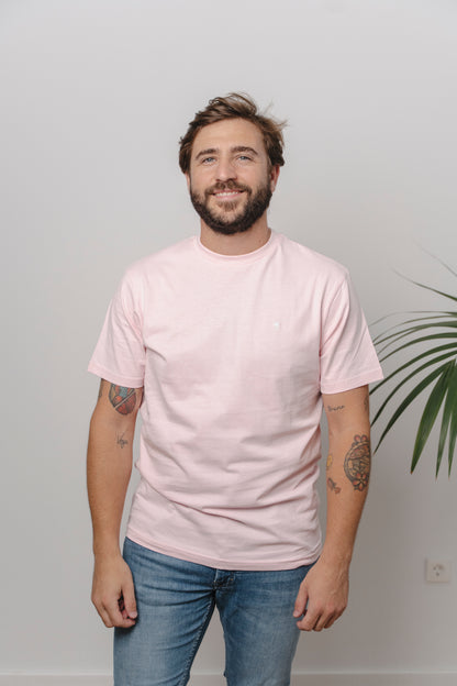 CAMISETA ROSA CON CUELLO REDONDO Y BORDADO MEDUSA